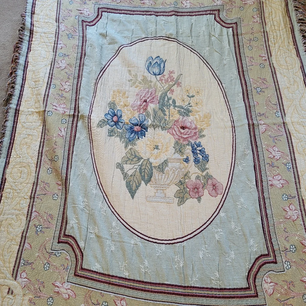 Floral Woven Cotton Tapestry Fringed Throw Blanket